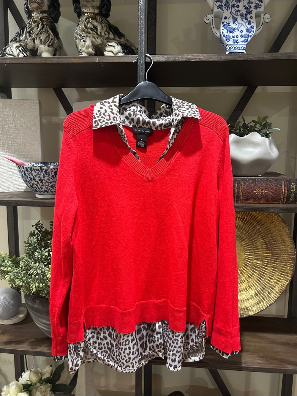 Inventnents - M -Once Bright Red V-Neck Layered Sweater with Leopard Shirt Detai